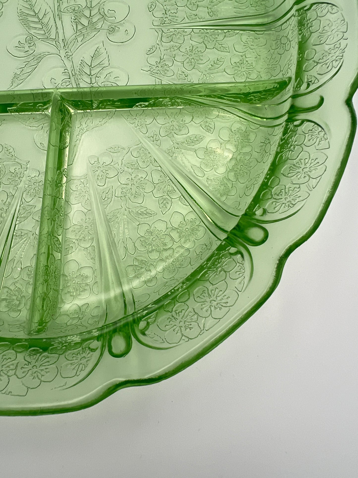 Vintage Jeannette Depression Green Cherry Blossom Uranium Divided Platter