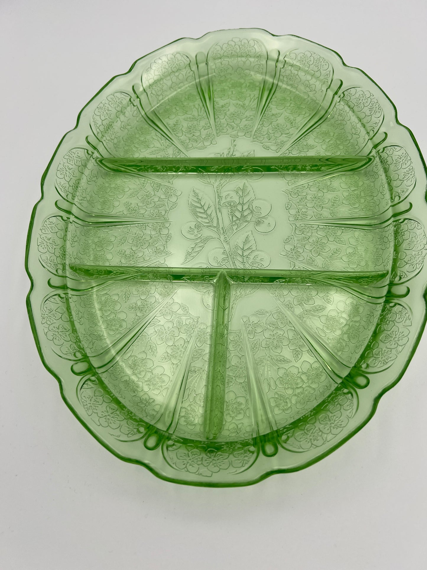 Vintage Jeannette Depression Green Cherry Blossom Uranium Divided Platter