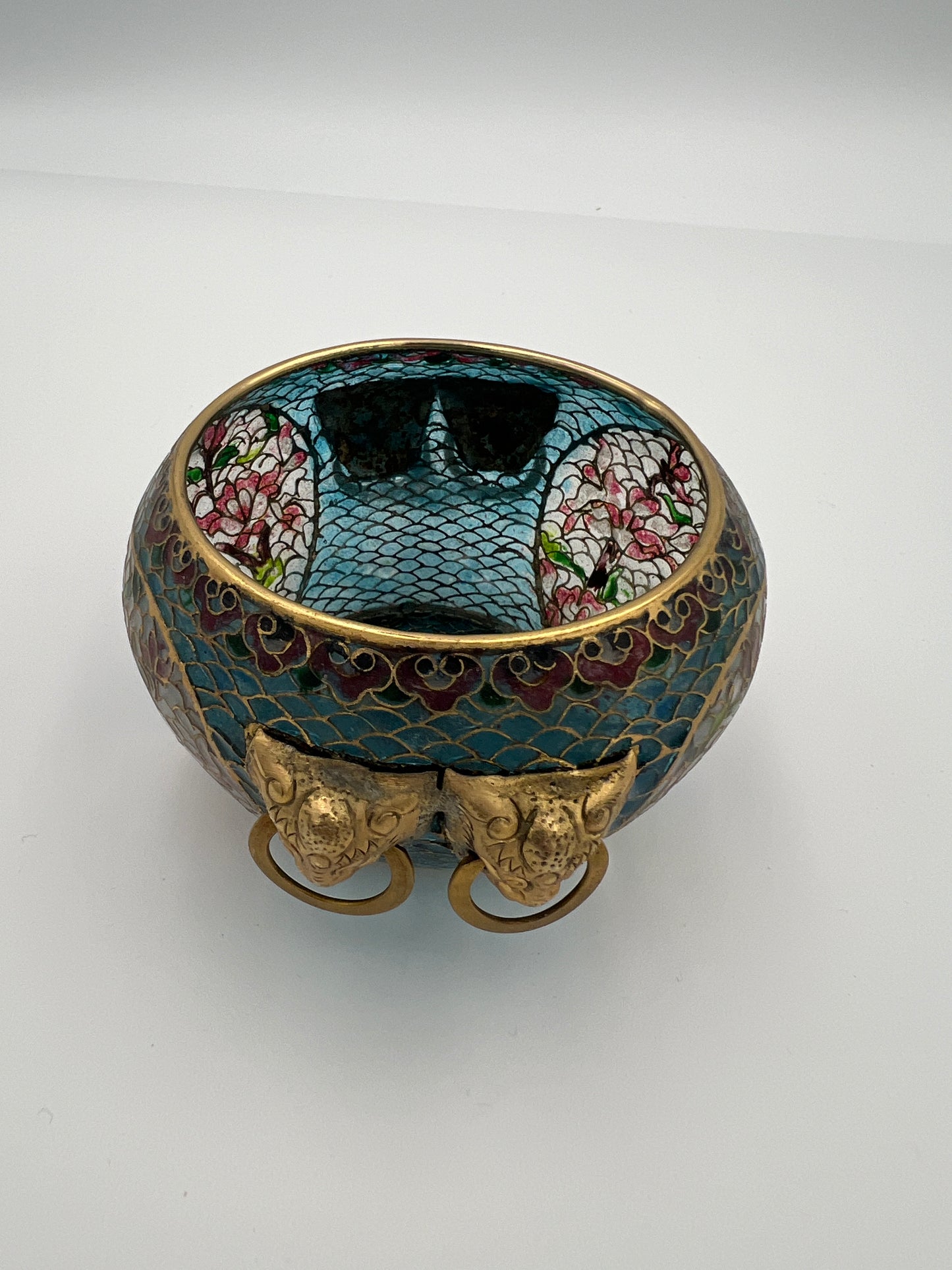 Vintage Chinese Plique-A-Jour Bowl with Foo Dog Handles