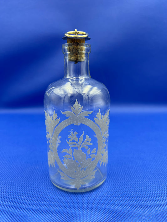 Vintage Etched Glass Apothecary Bottle Metal Cork Stopper