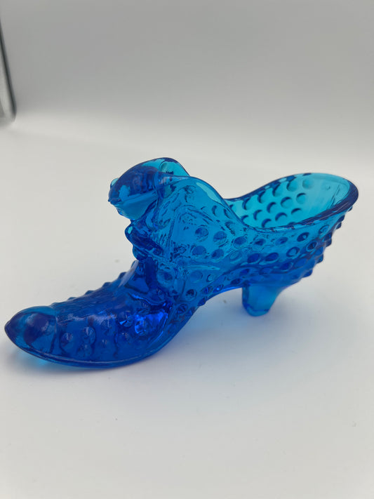 Vintage Fenton Cat Head Hobnail Blue Glass Slipper with FREE Slipper