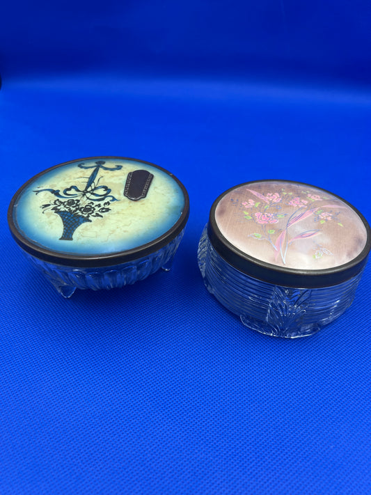 Vintage Glass Footed Powder Jars - Set of Two