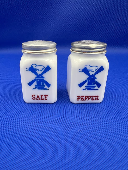 Vintage Hazel Atlas Dutch Windmill Milk Glass Salt and Pepper Shakers