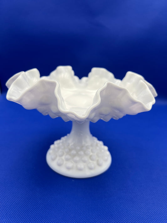 Vintage Fenton White Hobnail Ruffled Compote Candy Dish
