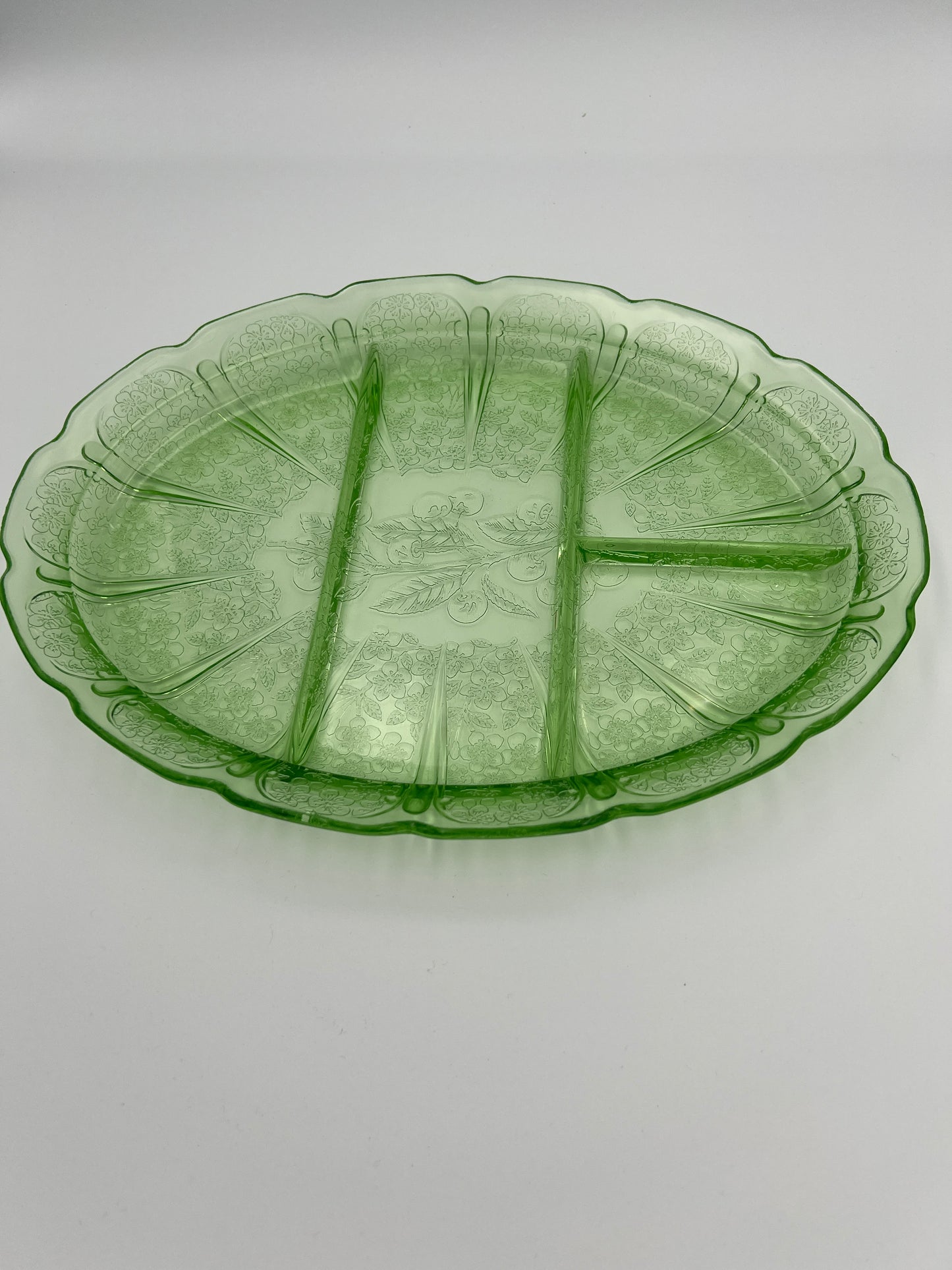 Vintage Jeannette Depression Green Cherry Blossom Uranium Divided Platter