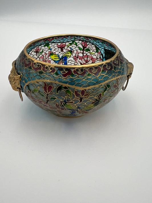 Vintage Chinese Plique-A-Jour Bowl with Foo Dog Handles