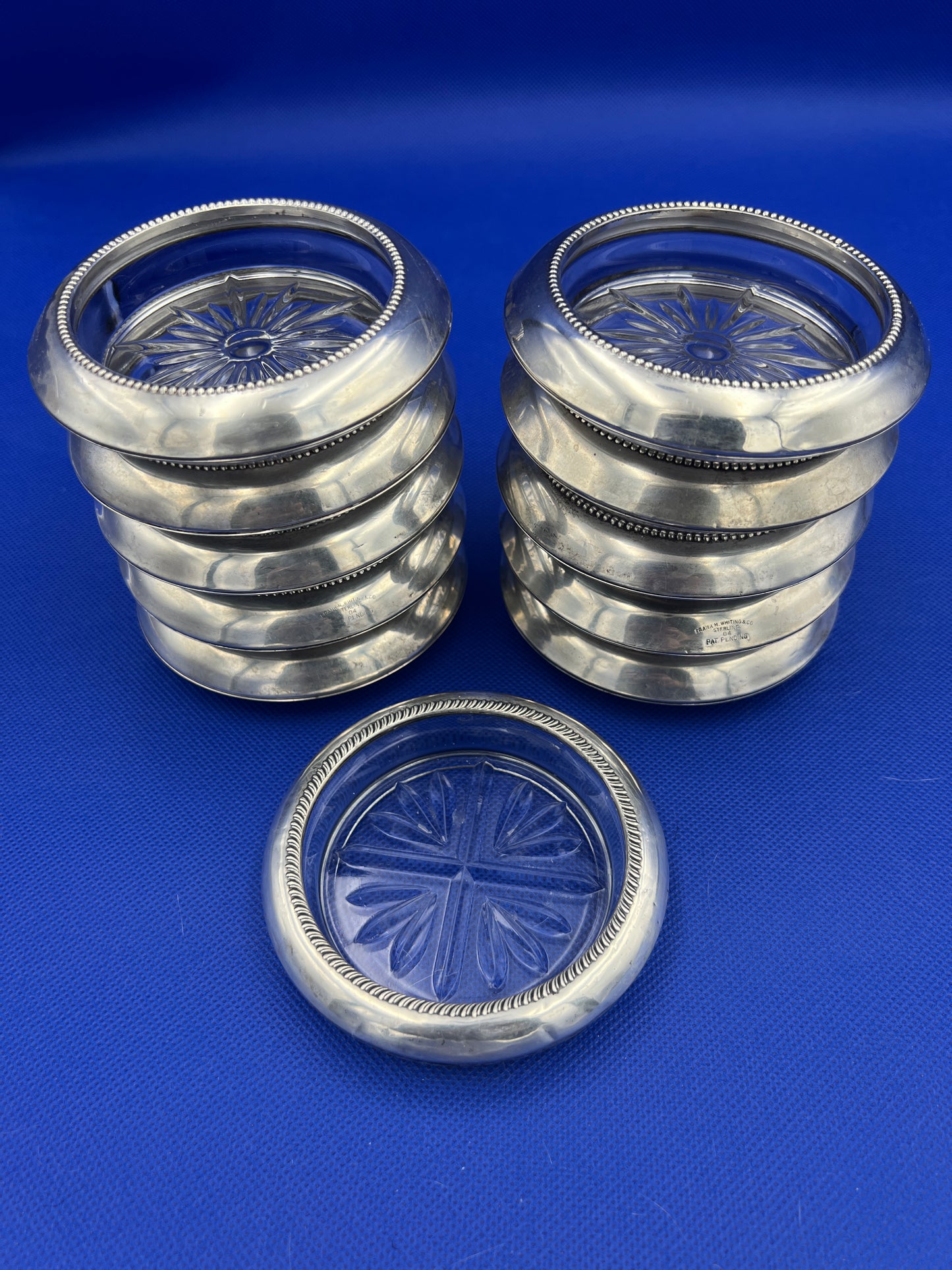Vintage Frank M. Whiting & Co. Sterling Glass Coasters - Set of 10 Plus 1 Bonus Rogers Coaster